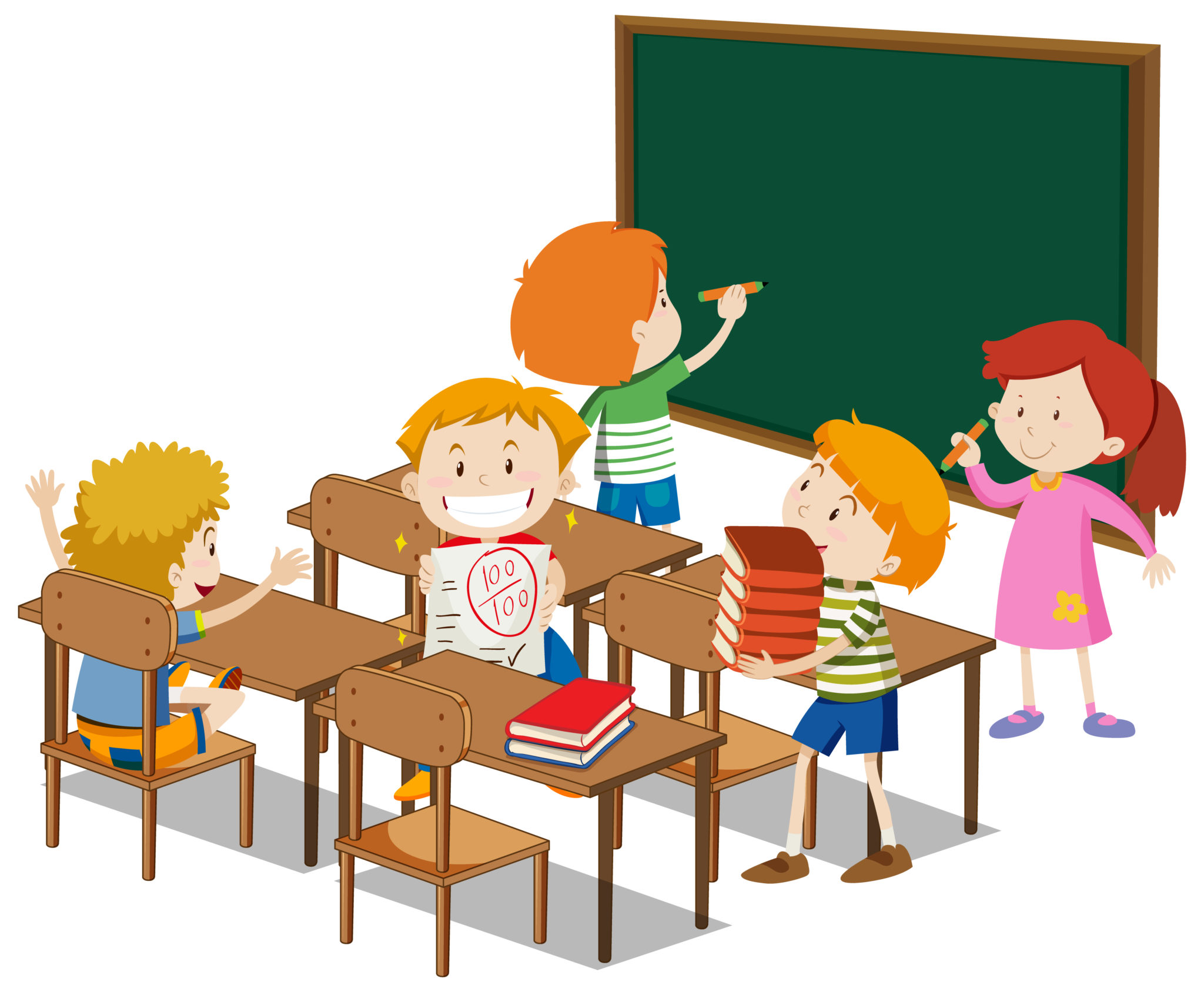 Students with classroom elements on white background - Magister