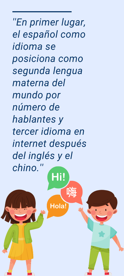 español: ''En primer lugar, el español como idioma se posiciona como segunda lengua materna del mundo por número de hablantes y tercer idioma en internet después del inglés y el chino.''